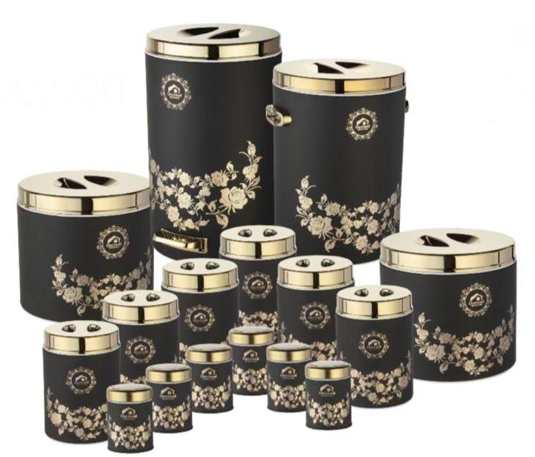 سرویس 16 پارچ مشکی درب مشکی  موجود در دورنگ مشکی و نقره ای استیل  ضخیم سنگین وزن تضمینی دارای ضمانت نامه شرکتی دوجداره استیل ضدزنگ دارای  سطل برنج سطل زباله سطل قند و شکر ۶ عدد بانکه بزرگ ۶  عدد بانکه ادویه