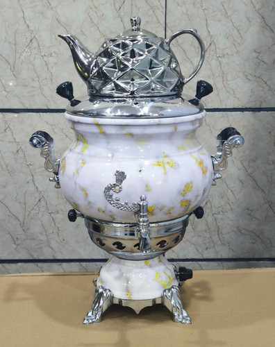 سماورگازی 8 لیتری سوزان (آیشین) سه کاره بدونه کوره طرح سنگی طرح چدن جنس ورق آلومینیومی (رنگ سفید طلایی)