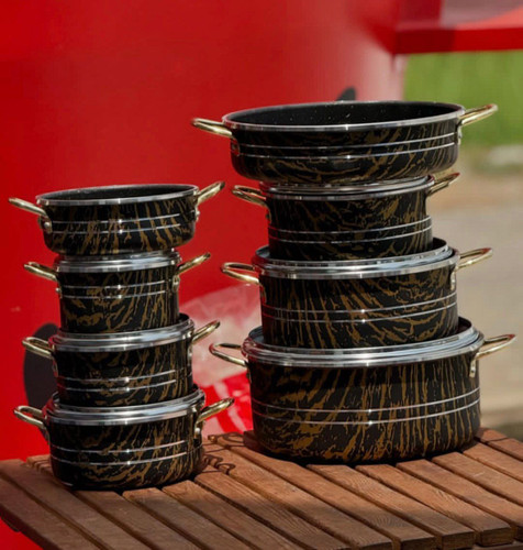 سرویس قابلمه تفلون گراپ 14 پارچه ماربل دسته طلایی قابلمه سایز 14 18 20 22 24 28 ماهیتابه سایز 20 28 لب پیچ ضخیم کیفیت عالی